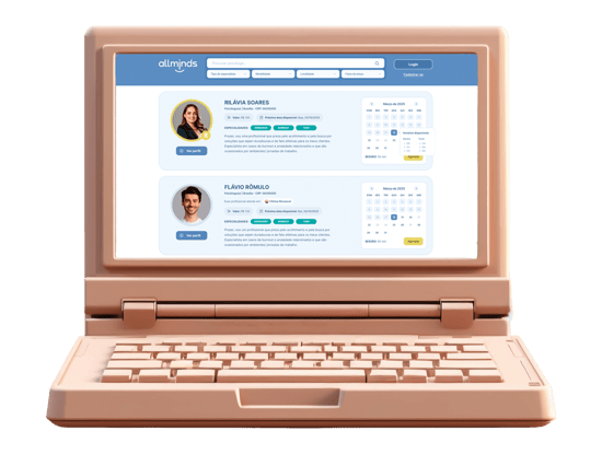 Tela do Portal Allminds mostrando perfis de psicólogos com foto, descrição e agenda